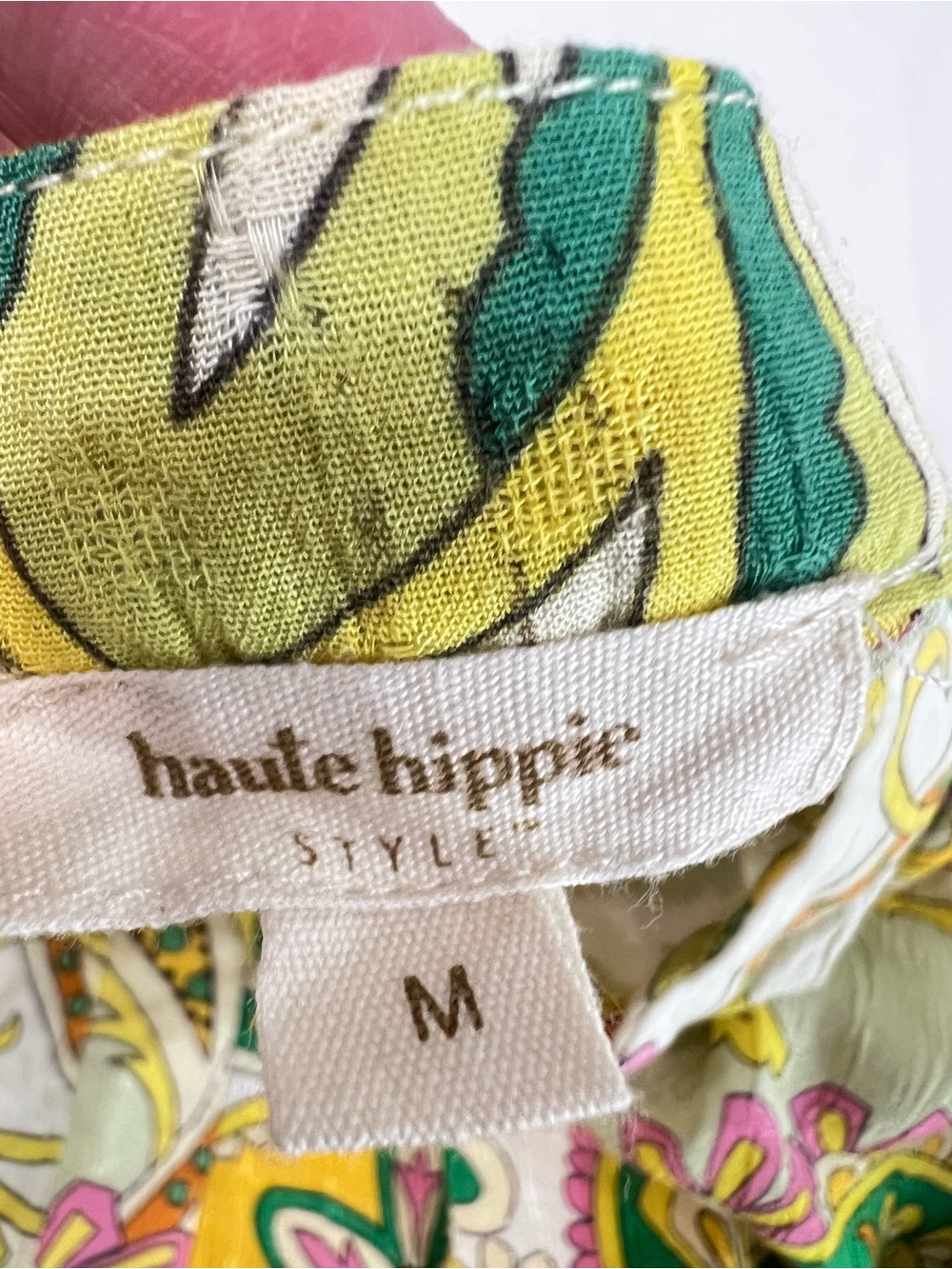 Haute Hippie Paisley faux wrap tie front Crop Top - Yellow, Green & Pink boho M - Picture 7 of 10